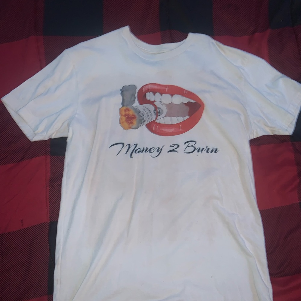 White Graphic Tee with Money 2 Burn Design